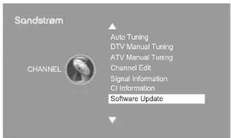Sandstrøm CHANNEL Auto Tuning DTV Manual Tuning ATV Manual Tuning Channel Edit Signal Information CI Information Software Update