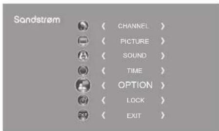 Sandstrøm CHANNEL > PICTURE > SOUND > TIME > OPTION > LOCK > EXIT >