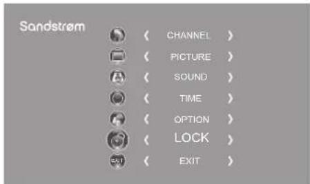 Sandstrøm CHANNEL > PICTURE > SOUND > TIME > OPTION > LOCK > EXIT >