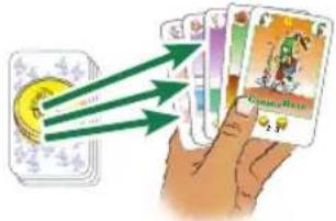 Illustration showing a hand holding cards with arrows pointing to card designs, including a yellow circular icon and cartoon character.