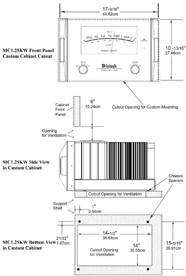 MC1.25KW Front Panel Custom Cabinet Cutout 17-9/16" 44.62cm MC1.25KW Front Panel Custom Cabinet Cutout 6" 15.24cm Cabinet Front Panel Opening for Ventilation Cutout Opening for Custom Mounting MC1.25KW Side View in Custom Cabinet Chassis Spacers Support Shelf 1" 2.54cm MC1.25KW Bottom View in Custom Cabinet 14-1/2" 36.83cm Cutout Opening for Ventilation 14" 35.56cm 15-5/16" 38.91cm