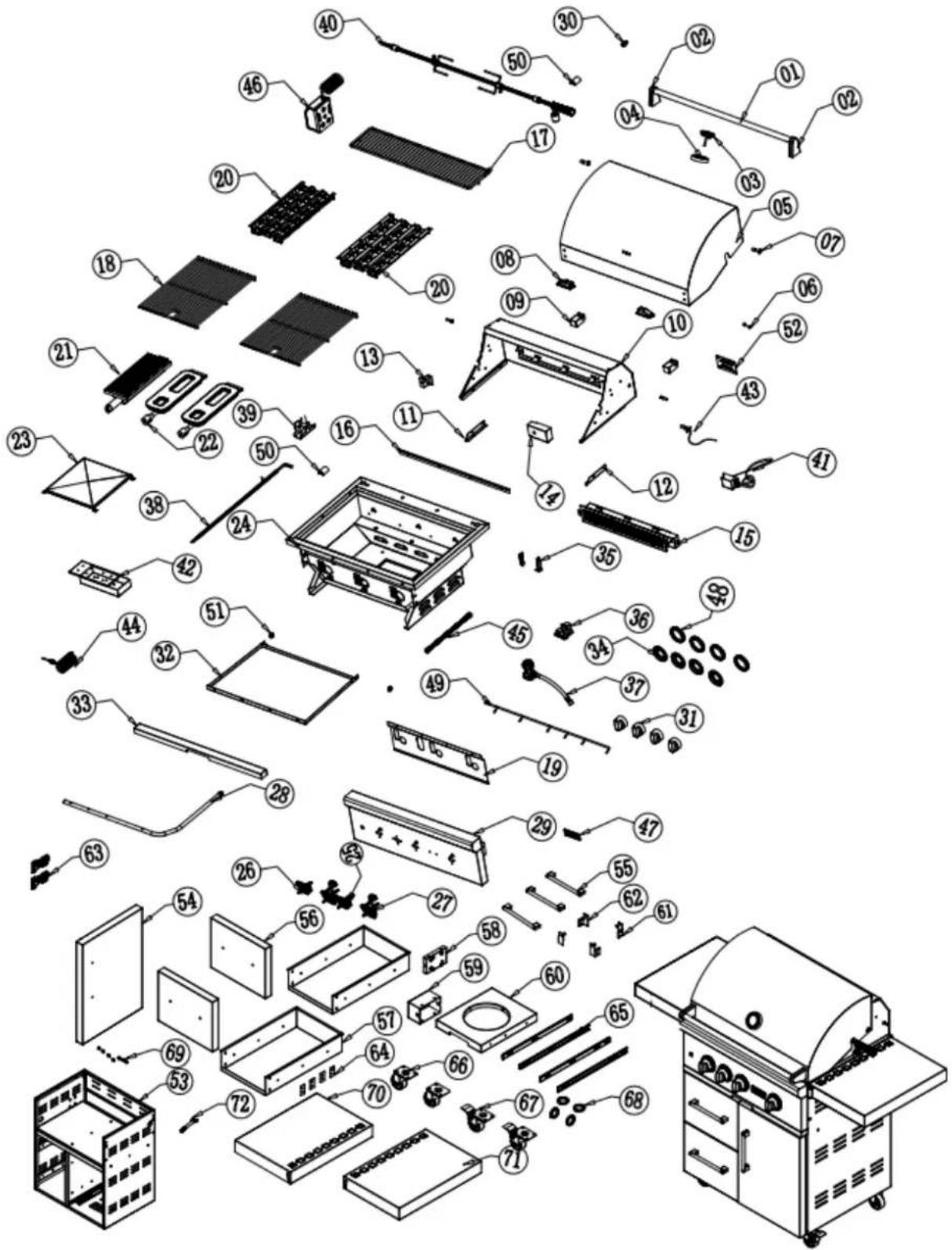 Exploded view diagram of a portable gas stove with numbered components for identification