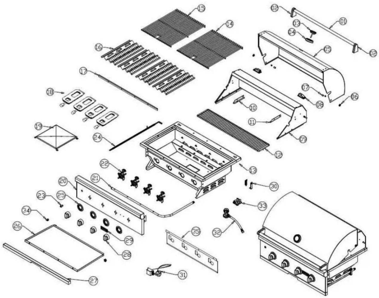 Exploded view diagram of a portable gas stove with numbered components for identification