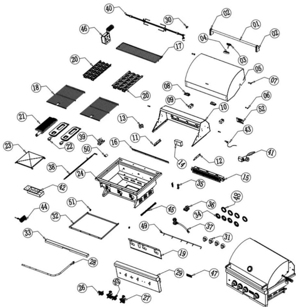 Exploded view diagram of a portable stove with numbered parts for identification