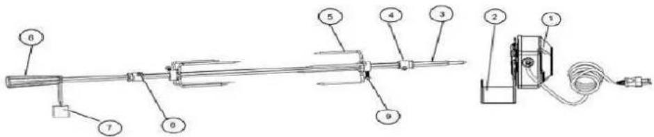 Technical diagram of a mechanical device with numbered components and a close-up of the internal structure.