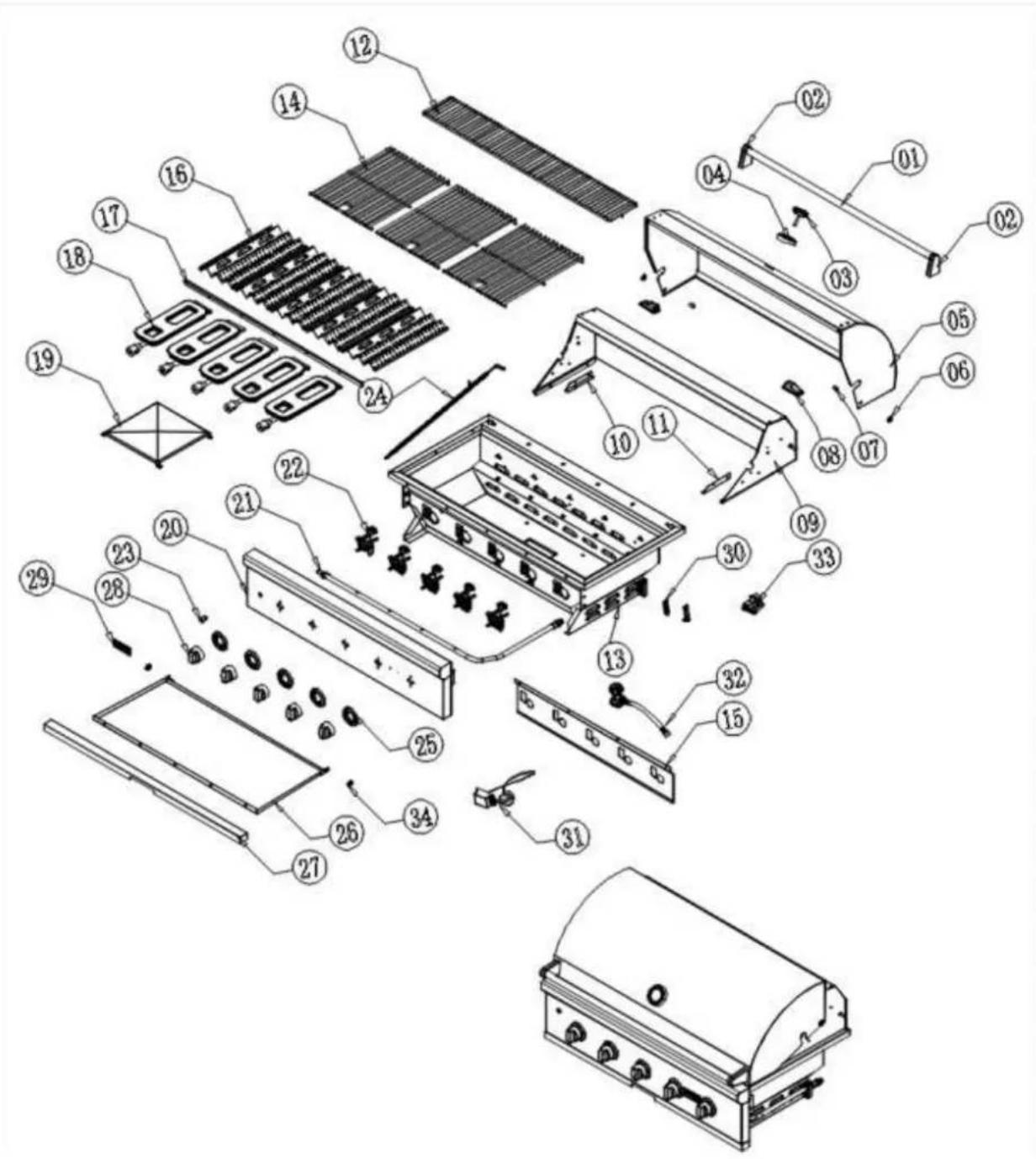 Exploded view diagram of a portable stove with numbered components for identification