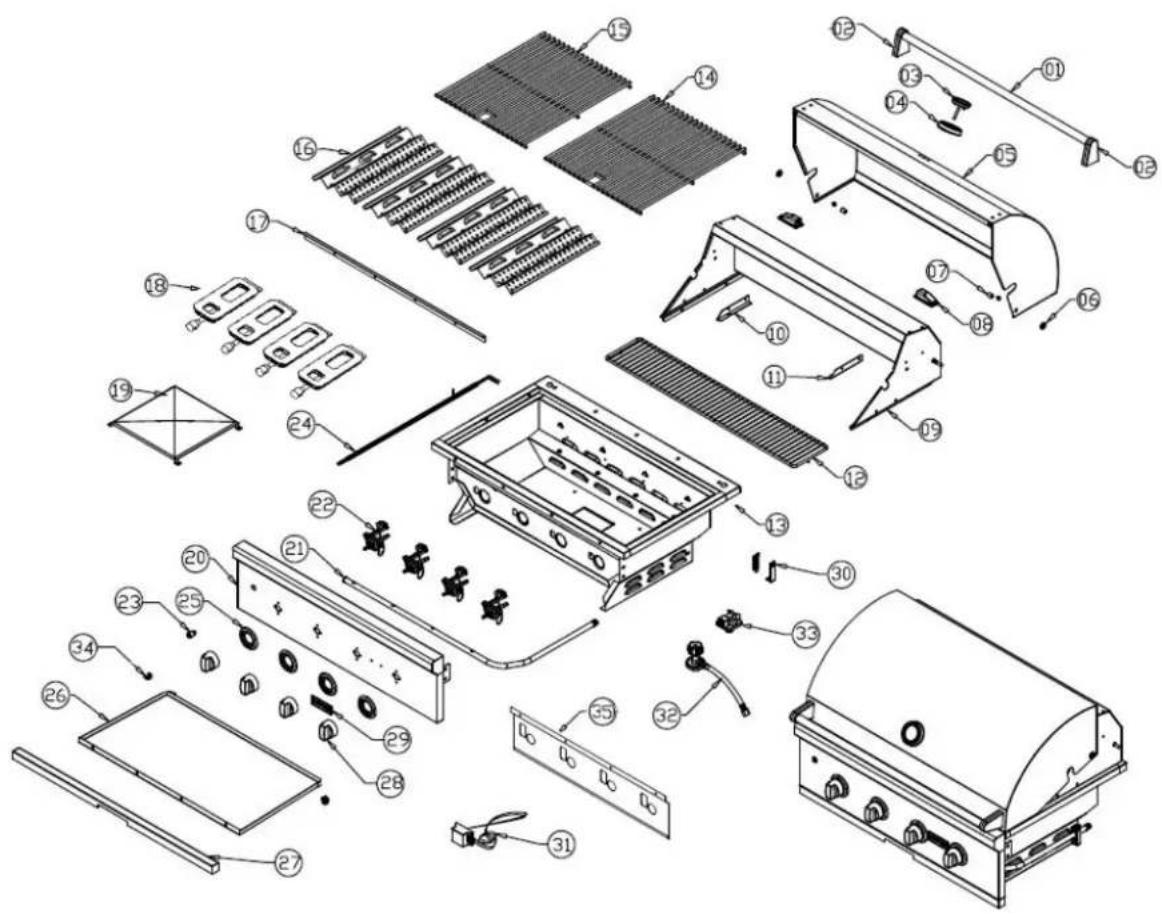 Exploded view diagram of a portable grill with numbered parts for identification