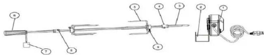 Technical diagram of a mechanical device with numbered components and a close-up of the internal structure.
