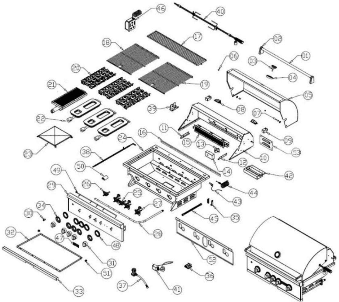 Exploded view diagram of a portable gas stove with numbered components for identification