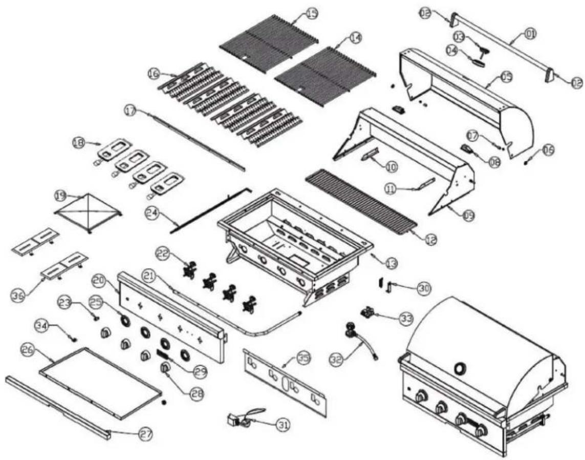 Exploded view diagram of a portable grill with numbered parts for identification