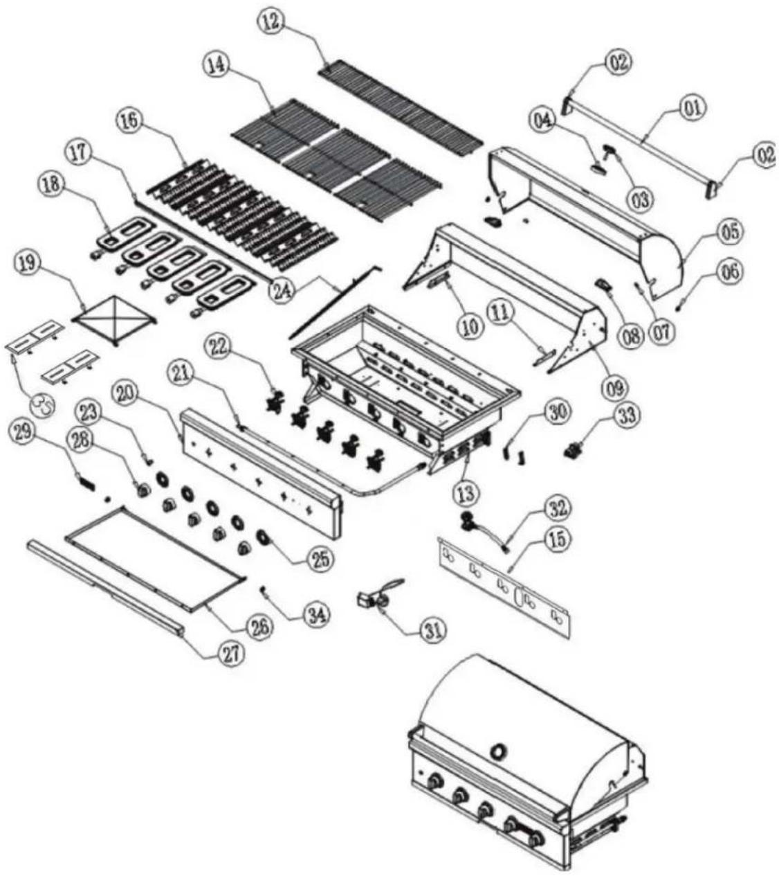 Exploded view diagram of a portable stove with numbered components for identification