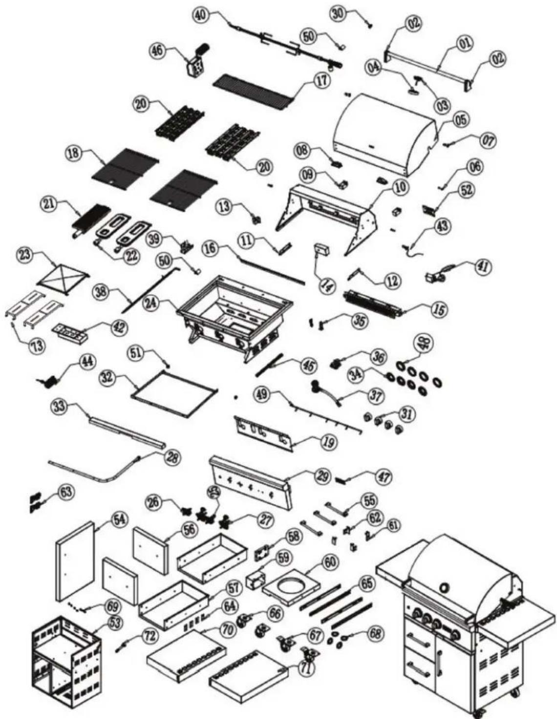 Exploded view diagram of a gas stove with numbered components for identification