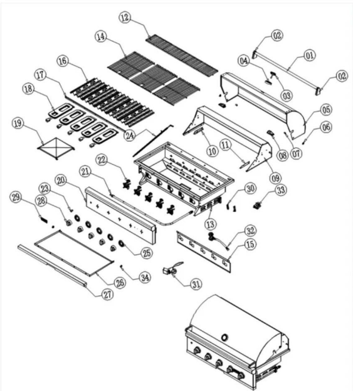 Exploded view diagram of a portable grill with numbered components for identification