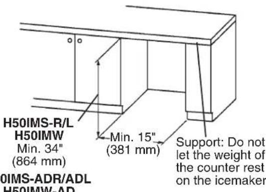 H50IMS-R/L H50IMW Min. 34" (864 mm) 0IMS-ADR/ADL H50IMW-AD Min. 15" (381 mm) Support: Do not let the weight of the counter rest on the icemaker