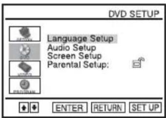 DVD SETUP Language Setup Audio Setup Screen Setup Parental Setup: ENTER RETURN SET UP