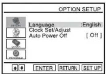 OPTION SETUP Language :English Clock Set/Adjust Auto Power Off [ Off ] PROGRAM ENTER RETURN SET UP