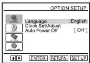 OPTION SETUP Language :English Clock Set/Adjust Auto Power Off [ Off ] ENTER RETURN SET UP