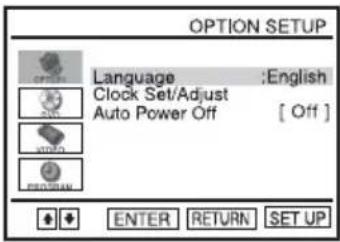 OPTION SETUP Language :English Clock Set/Adjust Auto Power Off [ Off ] ENTER RETURN SET UP