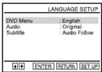 LANGUAGE SETUP DVD Menu : English Audio : Original Subtitle : Audio Follow ENTER RETURN SET UP