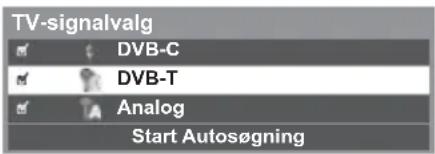 TV-signalvalg DVB-C DVB-T Analog Start Autosøgning