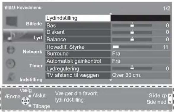 VIEFA Hovedmenu 1/2 Billede Lyd Netværk Timer Indstilling Lydindstilling Bas Diskant Balance Hovedtif. Styrke Surround Automatisk gainkontrol Lydregulering TV afstand til væggen Over 30 cm. Vælg AEndre Afslut Tilbage Vælger din favorit lydi møstilling. Side op Sde ned