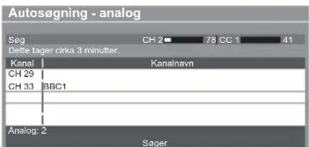 Autosøgning - analog Seg CH 2 78 CC 1 41 Dette tager cirka 3 minutter. Kanal Kanalnavn CH 29 CH 33 BBC1 Analog: 2 Sager
