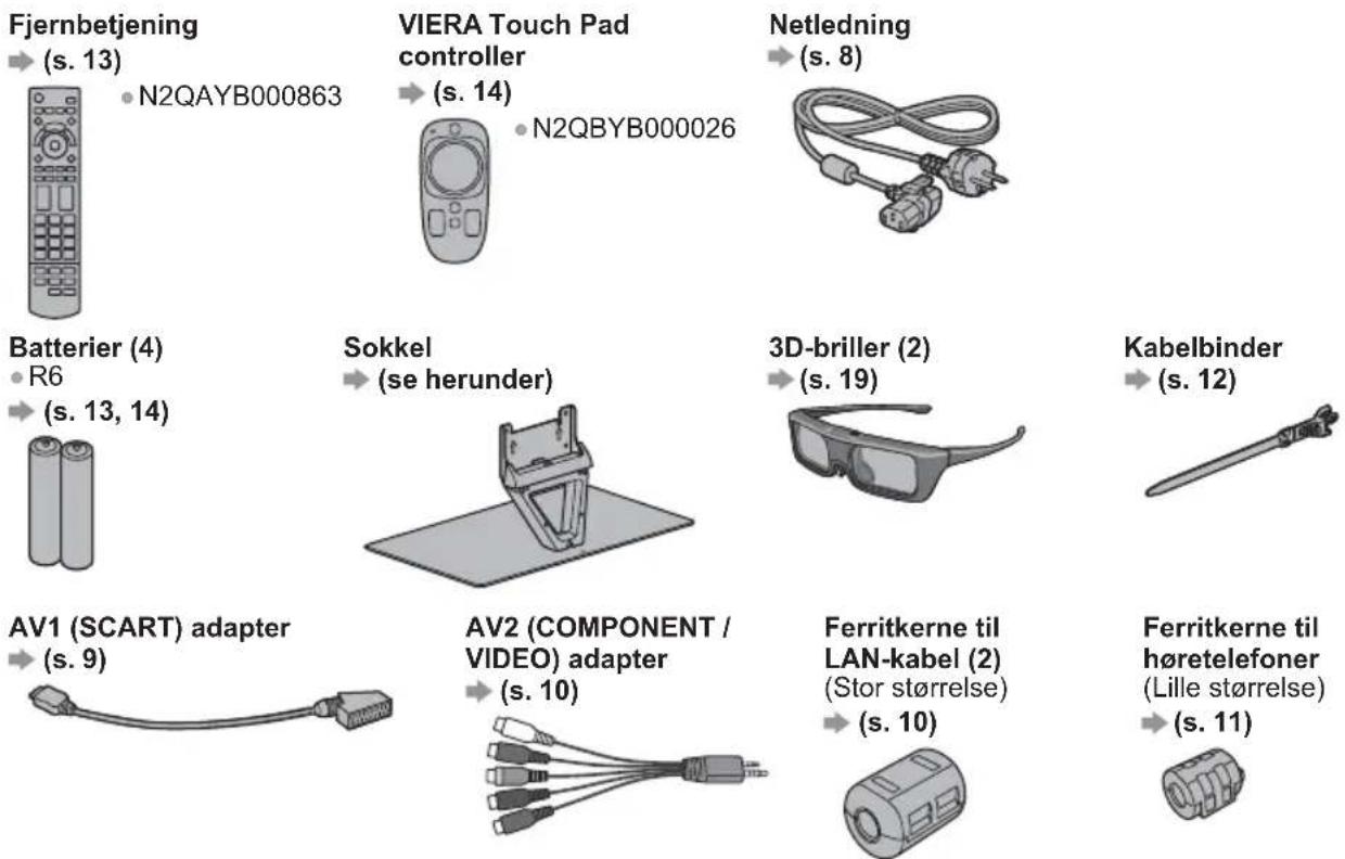 Fjernbetjening → (s. 13) N2QAYB000863 VIERA Touch Pad controller → (s. 14) N2QBYB000026 Netledning → (s. 8) Batterier (4) R6 → (s. 13, 14) Sokkel (se herunder) 3D-briller (2) → (s. 19) Kabelbinder → (s. 12) AV1 (SCART) adapter → (s. 9) AV2 (COMPONENT / VIDEO) adapter → (s. 10) Ferritkerne til LAN-kabel (2) (Stor størrelse) → (s. 10) Ferritkerne til høretelefoner (Lille størrelse) → (s. 11)