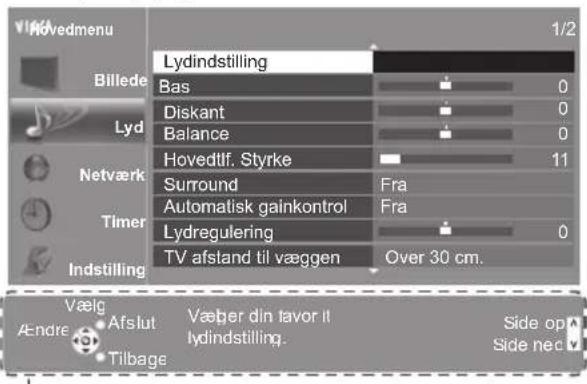 Våvedmenu 1/2 Lydindstilling Billede Bas 0 Diskant 0 Balance 0 Hovedtlf. Styrke 11 Surround Fra Automatisk gainkontrol Fra Lydregulering 0 TV afstand til væggen Over 30 cm. Indstilling Vælg Aendre Afslut Væber din favor it lydindstilling. Side op Side nec