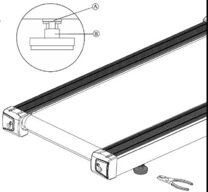 Technical diagram of a mechanical device with labeled parts A and B, including a magnified inset showing a component.