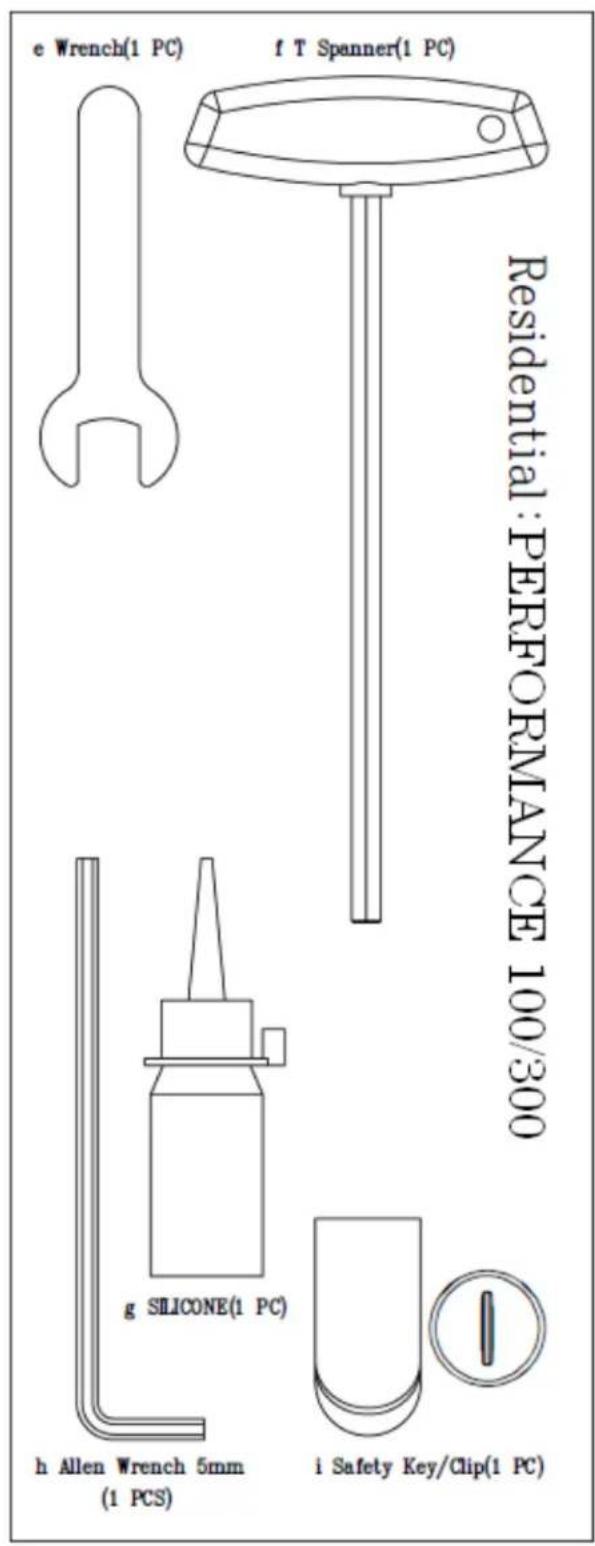 e Wrench(1 PC) f T Spanner(1 PC) Residential:PERFORMANCE 100/300 g SILICONE(1 PC) h Allen Wrench 5mm (1 PCS) i Safety Key/Clip(1 PC)