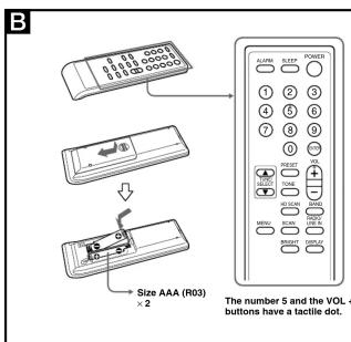 B Size AAA (R03) ×2 The number 5 and the VOL + buttons have a tactile dot.
