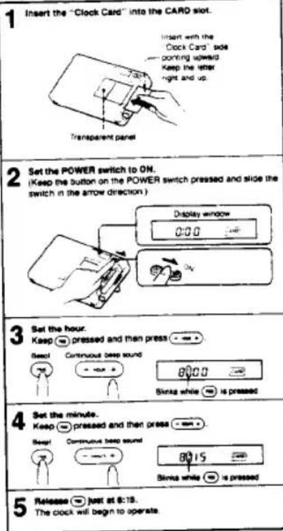 1 Insert the "Clock Card" into the CARD slot. Insert with the Clock Card" side pointing upward. Keep the other night and up. Transparent panel 2 Set the POWER switch to ON. (Keep the button on the POWER switch pressed and slide the switch in the arrow direction.) Display window 0:00 On 3 Set the hour. Keep pressed and then press Reset Continuous beer sound 8000 Sinks while is pressed 4 Set the minute. Keep pressed and then press Reset Continuous beer sound 8015 Sinks while is pressed 5 Release just at 6:15. The clock will begin to operate.