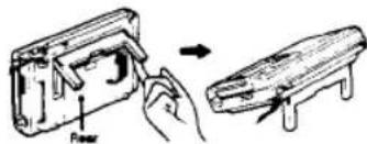 Diagram showing a hand inserting a component into a device, with labeled parts and directional arrows indicating assembly or transformation.