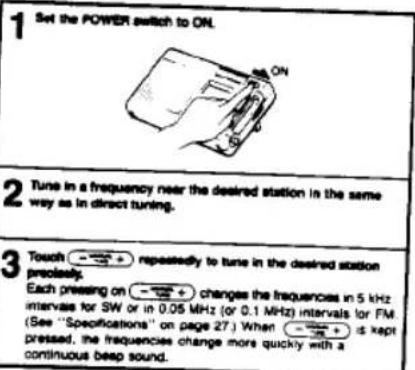 1 Set the POWER switch to ON. 2 Tune in a frequency near the desired station in the same way as in direct tuning. 3 Touch repeatedly to tune in the desired station Each pressing on changes the frequencies in 5 kHz intervals for SW or in 0.05 MHz (or 0.1 MHz) intervals for FM (See "Specifications" on page 27.) When is kept pressed, the frequencies change more quickly with a continuous beep sound.