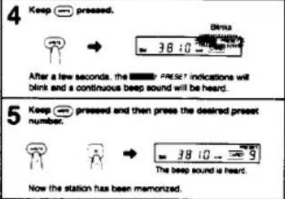 4 Keep pressed. After a few seconds, the RESET indications will blink and a continuous beep sound will be heard. 5 Keep pressed and then press the desired preset number. The beep sound is heard. Now the station has been memorized.