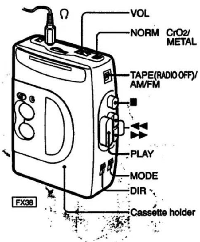 VOL NORM CrO2/ METAL TAPE(RADIO OFF)/ AM/FM PLAY MODE DIR Cassette holder FX38