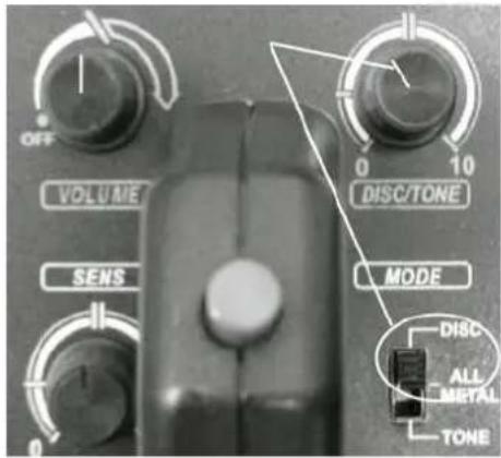 OFF VOLUME 0 10 DISC/TONE SENS MODE DISC ALL METAL TONE