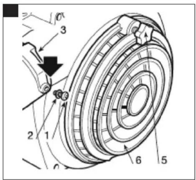 Technical diagram of a mechanical assembly with numbered components and directional arrows indicating motion or force