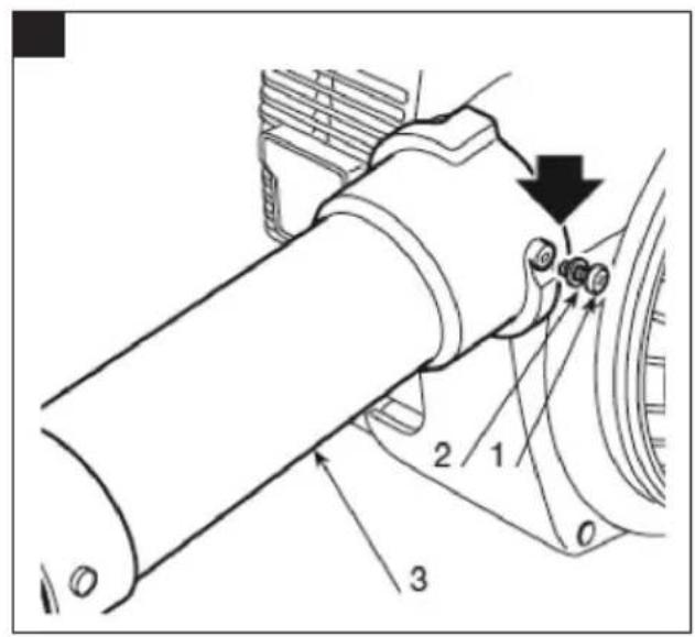 Technical diagram of a mechanical assembly with numbered components and directional arrow indicating motion or force