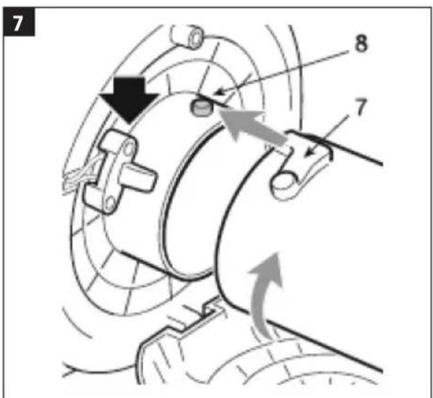 Technical diagram of a mechanical device with numbered components and directional arrows indicating motion or assembly.