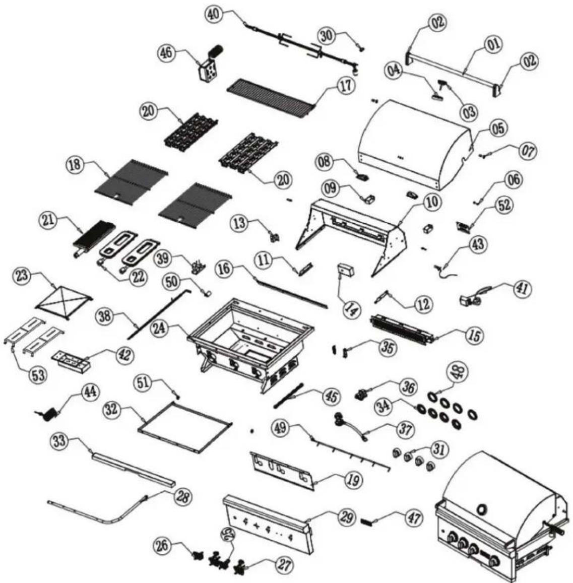 Exploded view diagram of a household appliance with numbered parts for identification