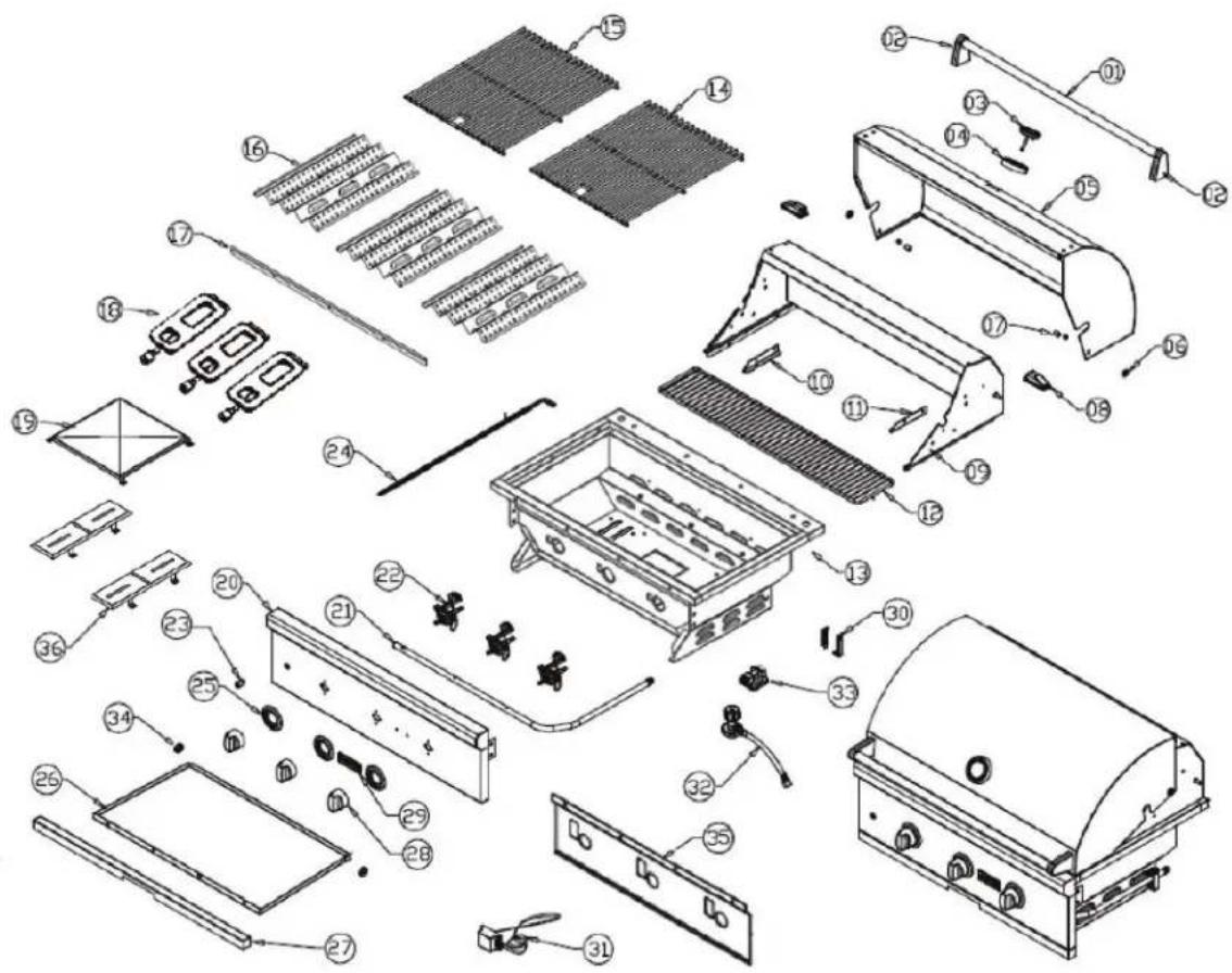 Exploded view diagram of a portable stove with numbered parts for identification