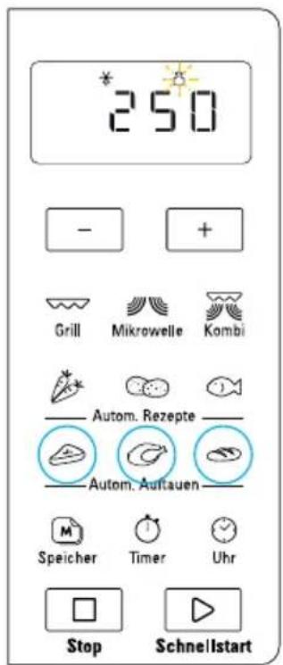 250 - + Grill Mikrowelle Kombi Autom. Rezepte Autom. Auftauen Speicher Timer Uhr Stop Schnellstart