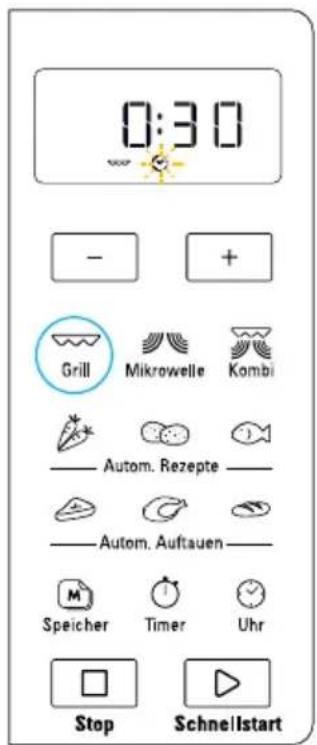0:30 - + Grill Mikrowelle Kombi Autom. Rezepte Autom. Auftauen Speicher Timer Uhr Stop Schnellstart