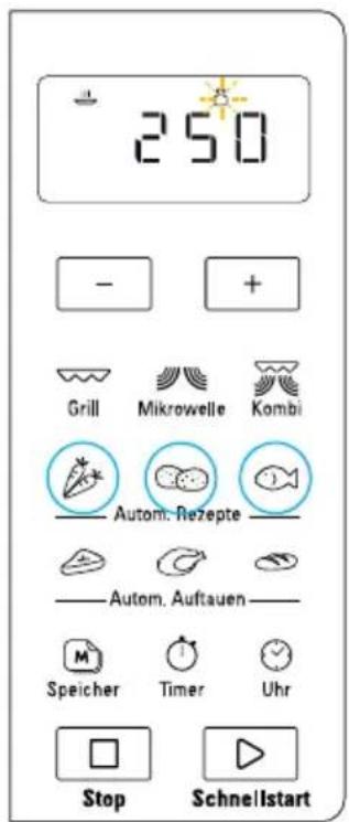 250 - + Grill Mikrowelle Kombi Autom. Rezepte Autom. Auftauen Speicher Timer Uhr Stop Schnellstart
