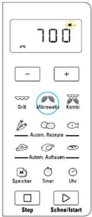 700 - + Grill Mikrowella Kombi Autom. Rezepte Autom. Auftauen Speicher Timer Uhr Stop Schnellstart