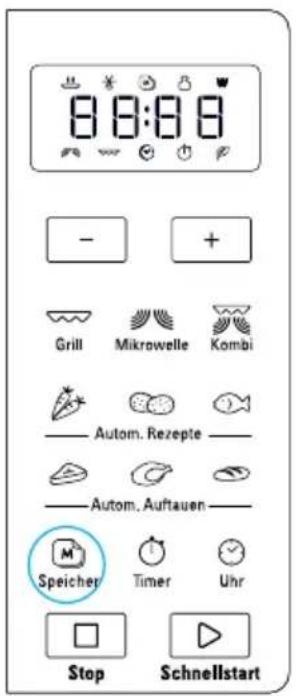 8 8:8 8 - + Grill Mikrowelle Kombi Autom. Rezepte Autom. Auftauen Speicher Timer Uhr Stop Schnellstart