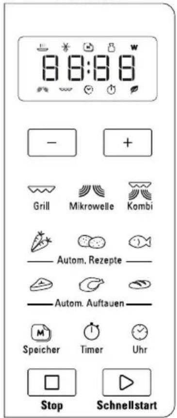 8:8:8:8 - + Grill Mikrowelle Kombi Autom. Rezepte Autom. Auftauen Speicher Timer Uhr Stop Schnellstart
