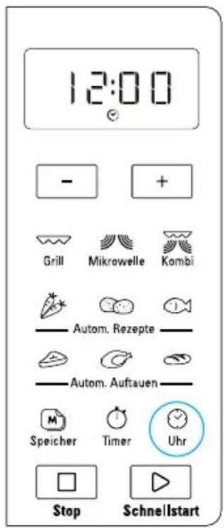 12:00 - + Grill Mikrowelle Kombi Autom. Rezepte Autom. Auftauen Speicher Timer Uhr Stop Schnellstart