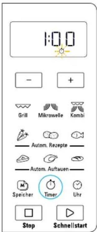 1:00 - + Grill Mikrowelle Kombi Autom. Rezepte Autom. Auftauen Speicher Timer Uhr Stop Schnellstart